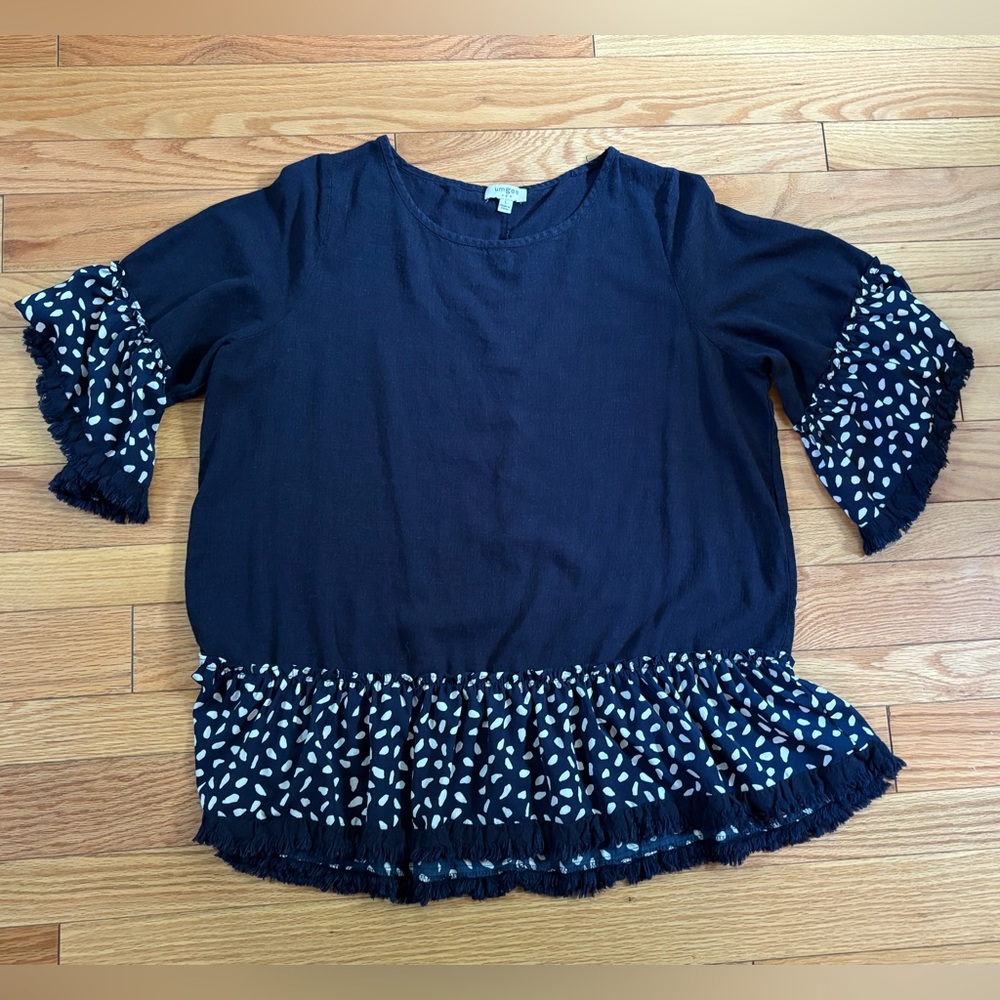 Umgee Women's Boho Tunic Top Spotted Polka Dot Frayed Navy Large Linen Blend